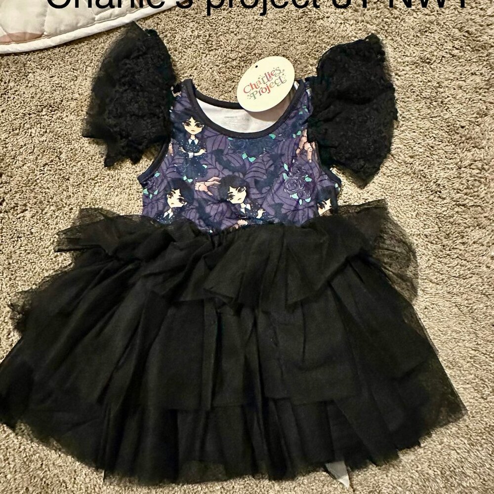 Charlie's Project Wednesday Print Lace sleeve Tulle Dress 3t
